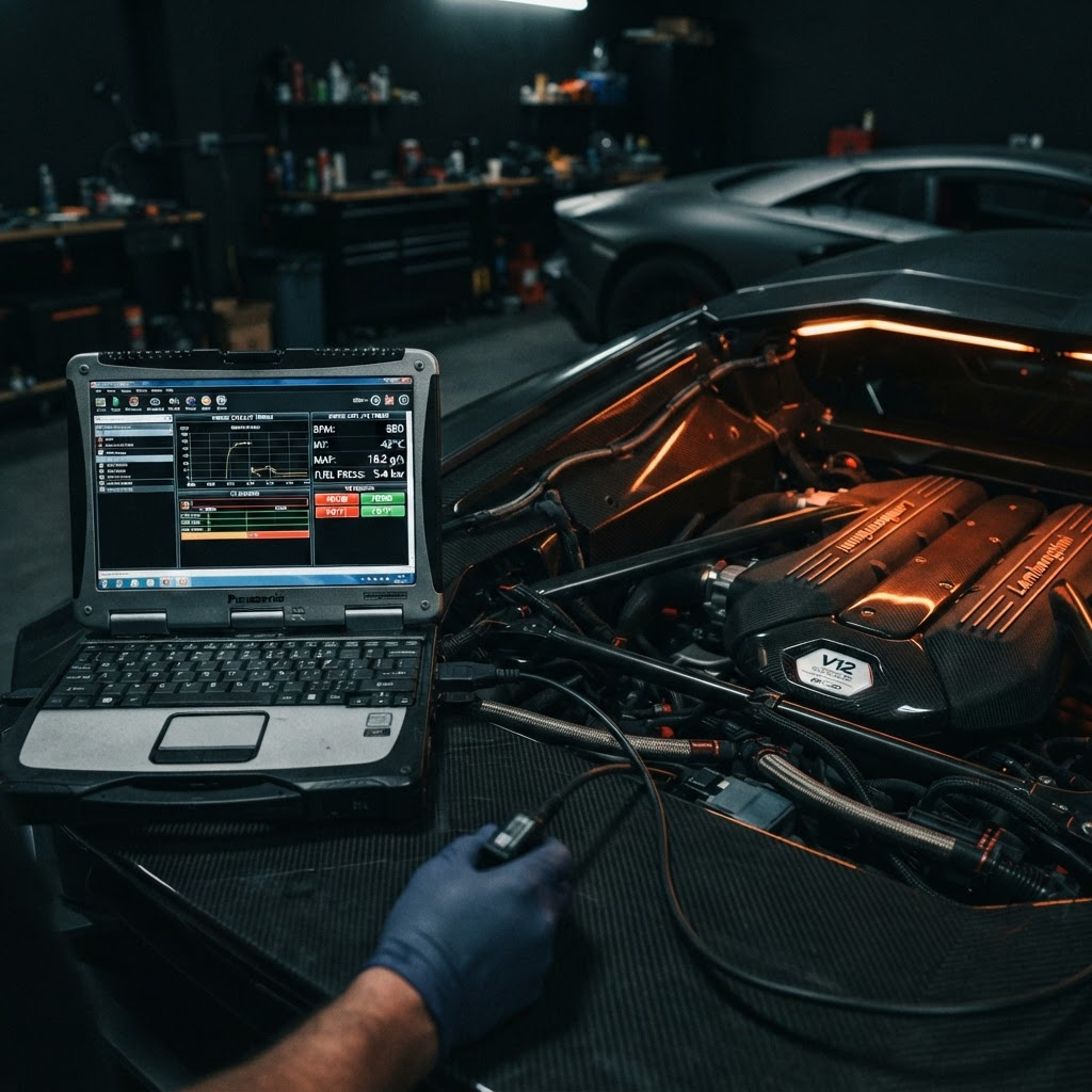 Supercar ECU diagnostics with laptop